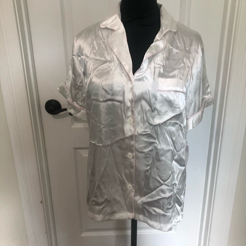 Linea Donatella White Satin Bride Sleep Shirt Pink Trim Rhinestone BDE046 Small